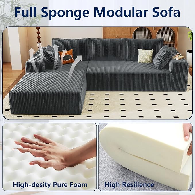 96" Modular Sectional Sofa, Modern Corduroy Cloud Couch with Deep Seat, Boneless Couch Upholstered 3-Seater L-Shaped Sofa for Living Room, No Assembly Required (Dark Grey, Left-Facing Chaise)