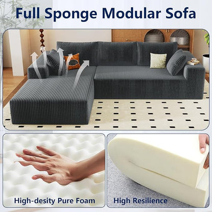 96" Modular Sectional Sofa, Modern Corduroy Cloud Couch with Deep Seat, Boneless Couch Upholstered 3-Seater L-Shaped Sofa for Living Room, No Assembly Required (Dark Grey, Left-Facing Chaise)