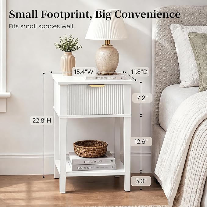 Modern Fluted Small Wood Nightstand, 11.8" Deep x 15.4" Narrow Bedside Table with Drawer & Open Shelf, Farmhouse Chic Accent Side Table for Bedroom & Sofa - White | Bright white tone, ribbed fluted front, 11.8-inch slim depth, concealed storage, clean ...