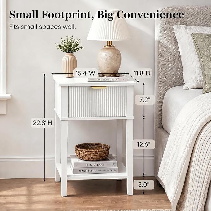 White 15" Wide Small Nightstands Set of 2, Drawer Shelf, Fluted Front | Matching pair, slim 11.8-inch depth, drawer and lower shelf each, bright storage for both sides of a bed or guest room