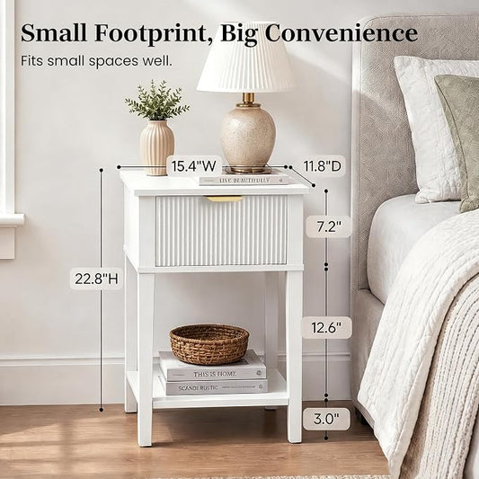 White 15" Wide Small Nightstands Set of 2, Drawer Shelf, Fluted Front | Matching pair, slim 11.8-inch depth, drawer and lower shelf each, bright storage for both sides of a bed or guest room