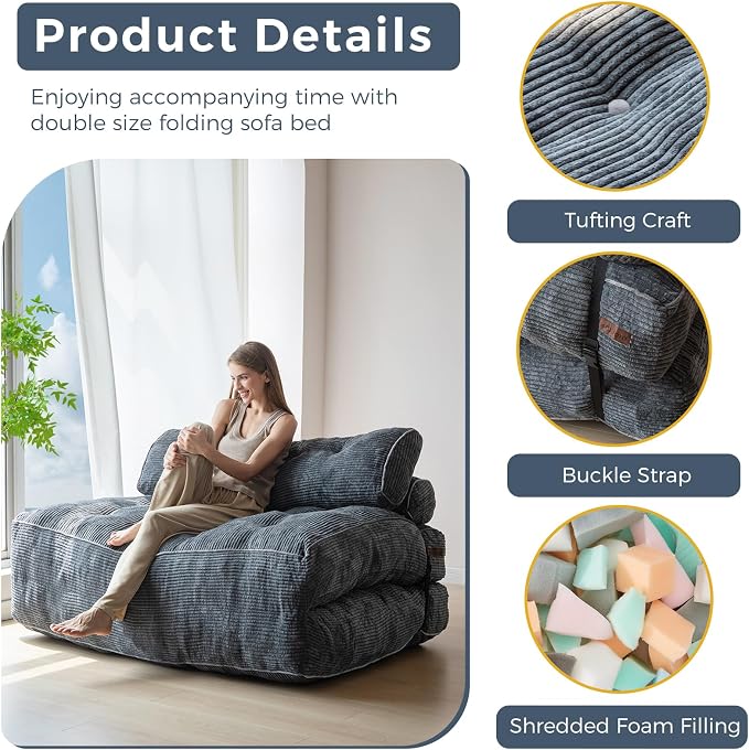 MAXYOYO Folding Sofa Bed, Convertible Chair with Pilow Foldable Couch with Back Support, Portable Fold Out Chair Bed Comfy Floor Sofa Lounge for Living Room Bedroom, Dark Grey, Double