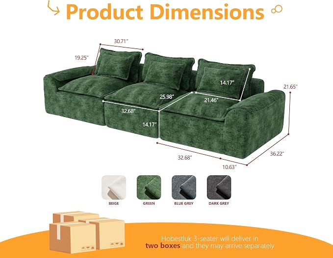 Hobestluk 120" Cloud Sectional Couch 3-Seater Sofa with Deep Seat Modular Sofa with Removable Cover Large Sofa Couch for Living Room (Green, 3-Seater Sofa)