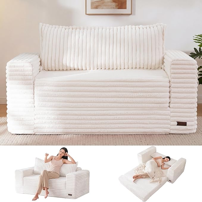 MAXYOYO Convertible Sofa Bed, 2 in 1 Folding Couch Bed for Small Space, Pull Out Loveseat Sofa Couch with Large Back Pillow, Plush Faux Fabric Lounge Couch for Living Room, Apartment, Beige