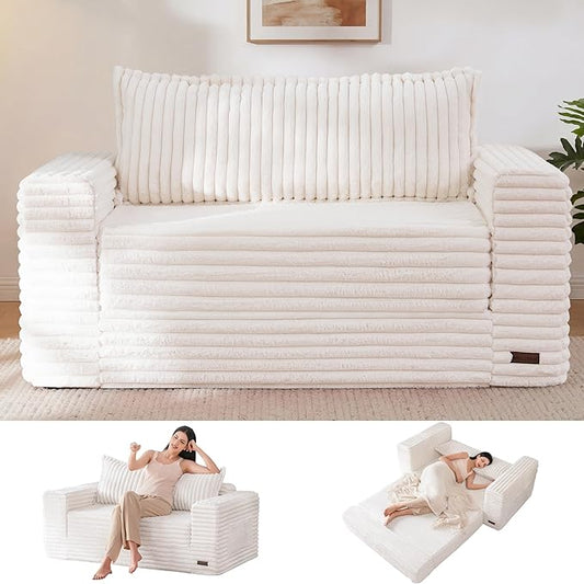 MAXYOYO Convertible Sofa Bed, 2 in 1 Folding Couch Bed for Small Space, Pull Out Loveseat Sofa Couch with Large Back Pillow, Plush Faux Fabric Lounge Couch for Living Room, Apartment, Beige