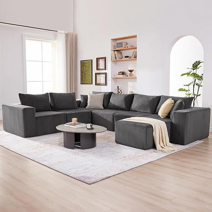 Cloud Couch Sectional, Modular Sofa with Deep Seat, Convertible Sectional Couches for Living Room, Plush Corduroy U Shaped Boneless Couch (Darkgrey, 6 Seater & 1 Ottoman)