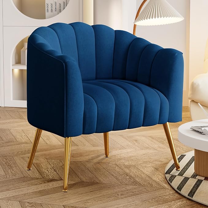 Dewhut Oversized Pumpkin Couch Accent Chair, Modern Comfy Velvet Upholstered Barrel Chairs, Luxury Single Sofa Armchair for Living Room, Waiting Room, Office and Vanity, (Navy)