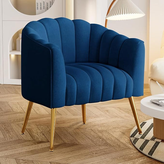 Dewhut Oversized Pumpkin Couch Accent Chair, Modern Comfy Velvet Upholstered Barrel Chairs, Luxury Single Sofa Armchair for Living Room, Waiting Room, Office and Vanity, (Navy)