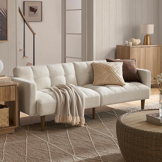 mopio 76.4" Futon Sofa Bed, Couch, Loveseat, Sleeper Sofa, Mid Century Modern Futon Couch, Sofa Cama, Couches for Living Room (Aaron, Pearl White Boucle)