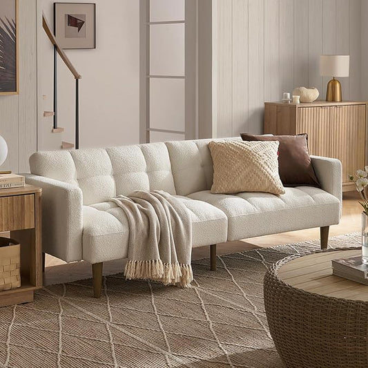 mopio 76.4" Futon Sofa Bed, Couch, Loveseat, Sleeper Sofa, Mid Century Modern Futon Couch, Sofa Cama, Couches for Living Room (Aaron, Pearl White Boucle)