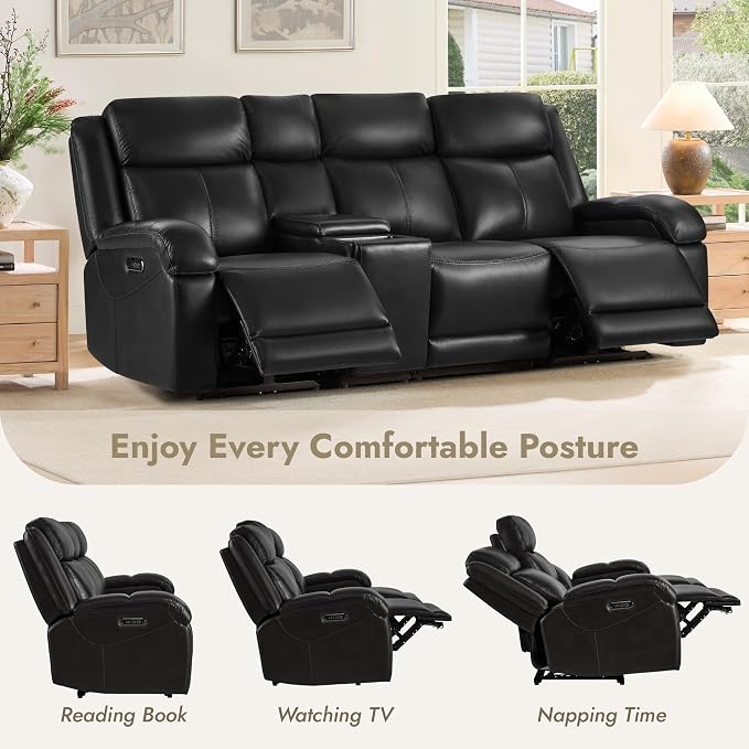 Watson & Whitely Genuine Leather Power Recliner Sofa, 3 Seater Wall Hugger Reclining Sofas with Storage Console, Power Headrest, USB, Electric Recliner Couch Set for Living Room, Black