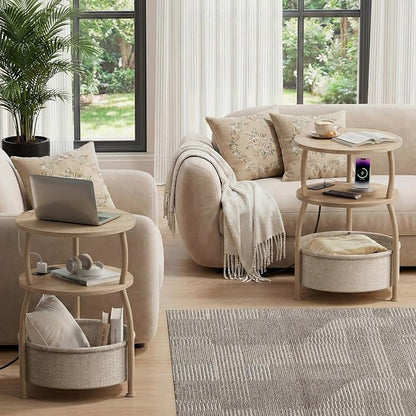 Round Side Table with Charging Station, USB Type C Port, Oak | End Table with Power Outlet,15.75 in Small Round Table with Basket, Space Saving, 3-Tier Small Table for Bedside, Sofa