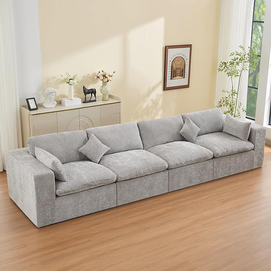 146''Cloud Boneless Sectional Couch, Modular Sectional Sofa Deep Seat, Oversized Upholstered Convertible Comfy 4 Seater Chenille Memory Foam Sofa Couches for Living Room, Light Grey