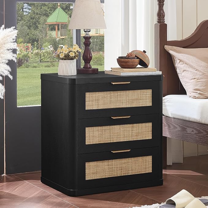 LEYAOYAO Rattan Night Stand with Drawers, 23" Large 3 Drawer Boho Nightstand, Black Bedside Table Storage Cabinet, Bed Side End Tables Dresser for Bedroom, Living Room, Hallway, Closet