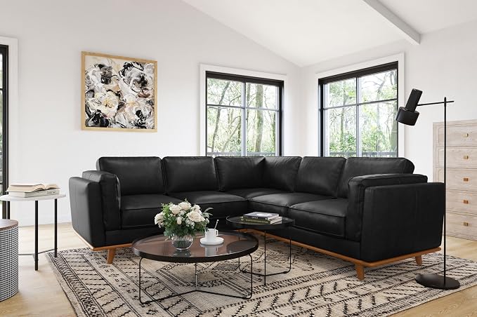 Valencia Artisan Full Leather Sofa - Pure Full Italian Nappa Leather Couch, Solid Wood Accent, Ultimate Comfort (Black, L-Shape Sectional)