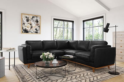 Valencia Artisan Full Leather Sofa - Pure Full Italian Nappa Leather Couch, Solid Wood Accent, Ultimate Comfort (Black, L-Shape Sectional)