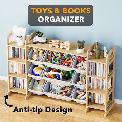 SpaceAid Large Toy Storage Organizer 9 Shelves 9 Bins, Toy Organizers Storage Bookshelf, Kids Bin Shelf Toys Box Bookcase for Bedroom Playroom Organization Room Decor, Neutral Gray