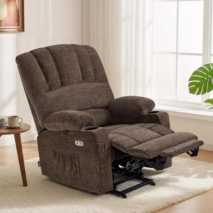 MCombo Large Power Lift Recliner Chair for Elderly, Lift Chair with Heat and Massage, 3 Positions, USB Charge Ports, Cup Holders, Fabric 7099 (Large, Coffee)