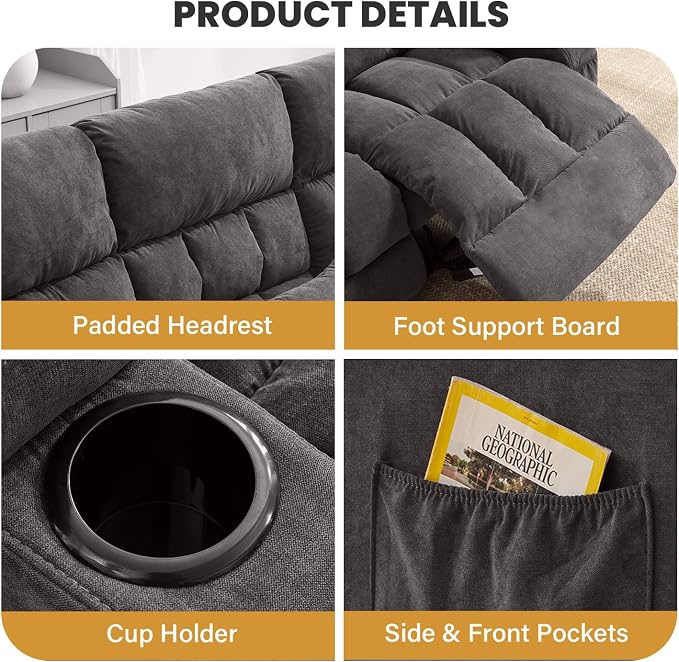 BOSMILLER Reclining Sofa with Cup Holders for Living Room 3 Seat Manual Sofa Recliner with Side Pocket