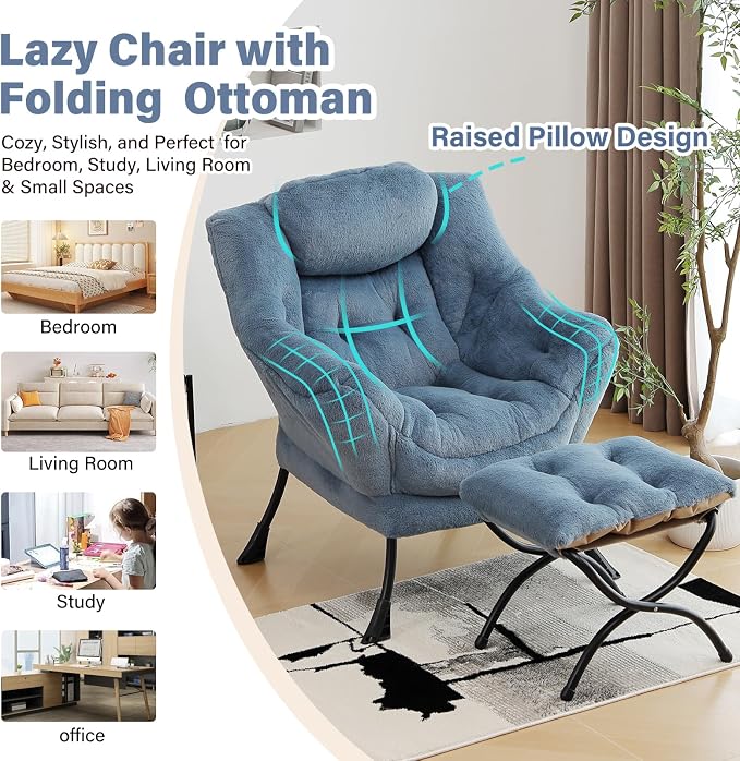 Furlide Lazy Chair with Ottoman, Modern Accent Chair with Armrests and a Side Pocket, Plush Light Blue Accent Chairs, Reading Chairs, Oversized Armchairs for Bedroom, Study, Living Room, Courtyard