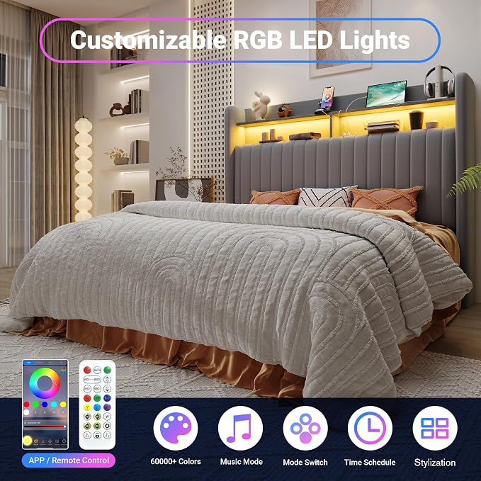 Allewie Full Size Lift Up Hydraulic Storage Bed Frame, 2-Tier Shelf Headboard with LED Lights and Charging Station, USB and Type C Ports, Wingback Velvet Headboard, No Box Spring Needed, Gray