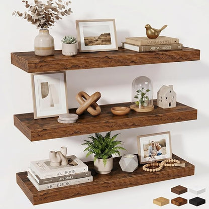 Fun Memories Floating Shelves for Wall, 32 Inch Long Floating Shelves Set of 3, 32 x 10 Wooden Shelves for Wall, Large Storage Shelves, Hanging Shelves for Bathroom Kitchen Bedroom, Rustic Brown