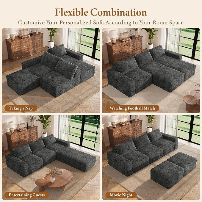 Vesgantti 114" Boneless Modular Sectional Sofa, Modern U Shaped 5 Seater Couch with 2 Ottoman & Deep Seat, Convertible Chenille Cloud Couches for Living Room, No Assembly Required, Dark Grey