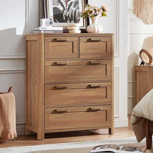 Joaxswe Farmhouse 5 Drawer Dresser for Bedroom, Vertical Dressers Chest of Drawers with 5 Deep Drawers & 4 Thickened Table Legs & Rounded Corners, Brown