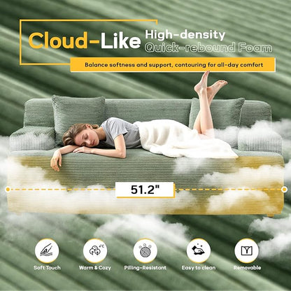 VINGLI 72" W Boneless Loveseat Sofa, Cloud Corduroy Couch in a Box, Compressed Deep Seat Sofa with 10.6" Wide Curved Armrests, Easy Assembly Required for Living Room, Apartments & Office, Green