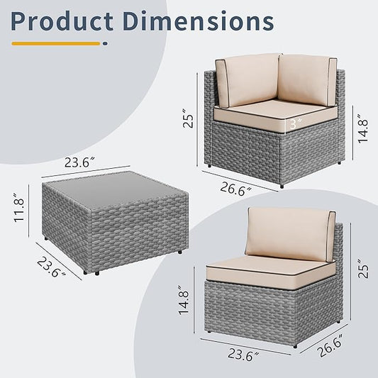 SUNLEI 5pcs Patio Outdoor Furniture Sets Conversation Set,Low Back All-Weather Rattan Sectional Sofa with Tea Table&Washable Couch Cushions(Silver Rattan)（Khaki）