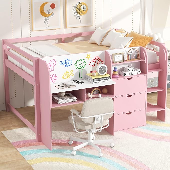 Bellemave Full Size Low loft Bed for Kids,Wood Modern Farmhouse Full Loft Bed with Desk, Storage Cabinets,Bookcase, No Box Spring Needed, Pink