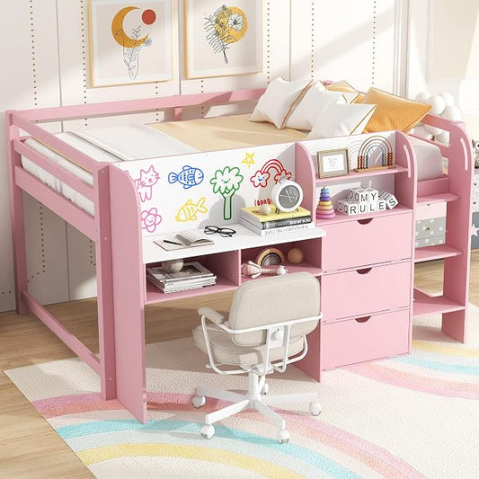 Bellemave Full Size Low loft Bed for Kids,Wood Modern Farmhouse Full Loft Bed with Desk, Storage Cabinets,Bookcase, No Box Spring Needed, Pink