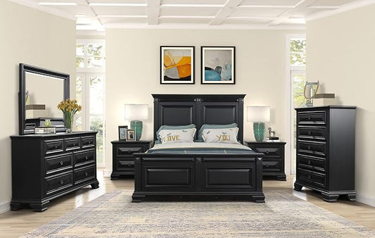 Roundhill Furniture Renova Vintage Black Wood Bedroom Set, Queen Panel Bed, Dresser, Mirror, Two Nightstands, Chest