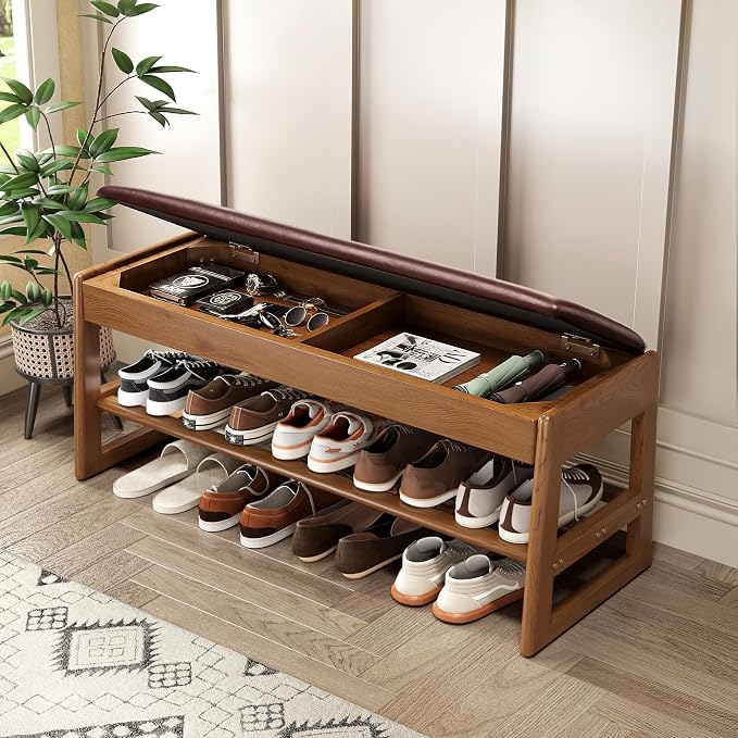 Shoe Rack Bench with Hidden Storage, 2-Tier Solid Rubberwood Entryway Bench with Soft Leather Cushioned Seat & Flip-Top Storage, 330lbs Capacity, Wooden Shoe Organizer for Hallway, Closet, Foyer
