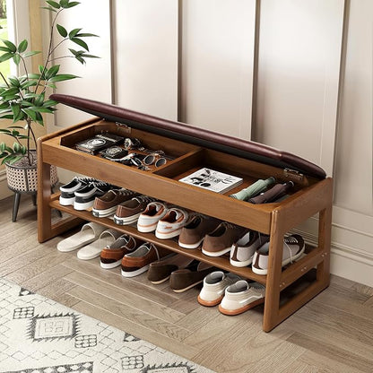 Shoe Rack Bench with Hidden Storage, 2-Tier Solid Rubberwood Entryway Bench with Soft Leather Cushioned Seat & Flip-Top Storage, 330lbs Capacity, Wooden Shoe Organizer for Hallway, Closet, Foyer