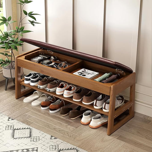 Shoe Rack Bench with Hidden Storage, 2-Tier Solid Rubberwood Entryway Bench with Soft Leather Cushioned Seat & Flip-Top Storage, 330lbs Capacity, Wooden Shoe Organizer for Hallway, Closet, Foyer