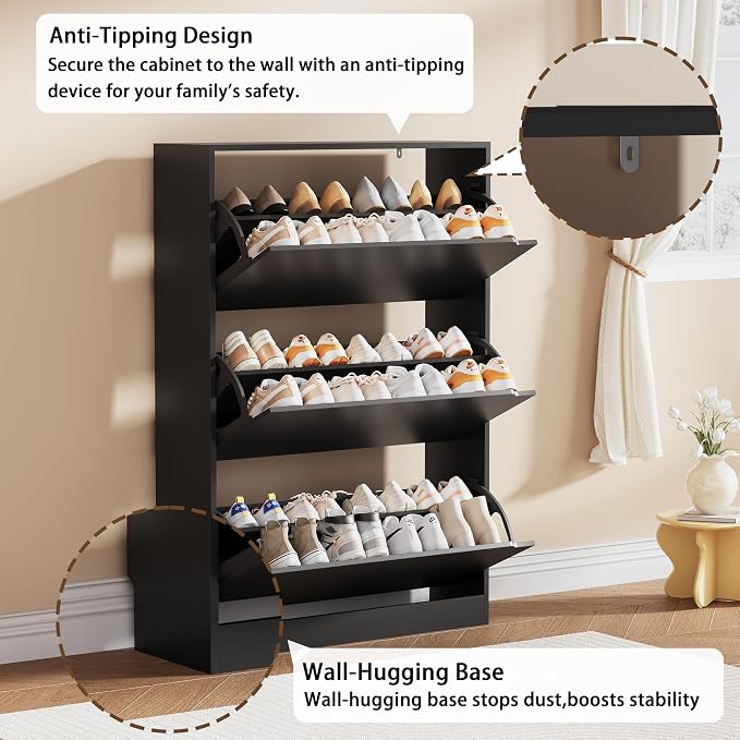 Shoe Storage Cabinet, Wood Shoe Organizer for Entryway with 3 Flip Drawers, Freestanding Shoe Rack with Adjustable Shelf, Narrow Shoe Dresser for Front Door Entrance (Black, 3 Drawers)