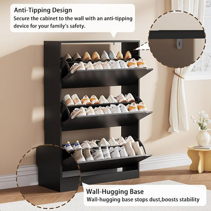 Shoe Storage Cabinet, Wood Shoe Organizer for Entryway with 3 Flip Drawers, Freestanding Shoe Rack with Adjustable Shelf, Narrow Shoe Dresser for Front Door Entrance (Black, 3 Drawers)
