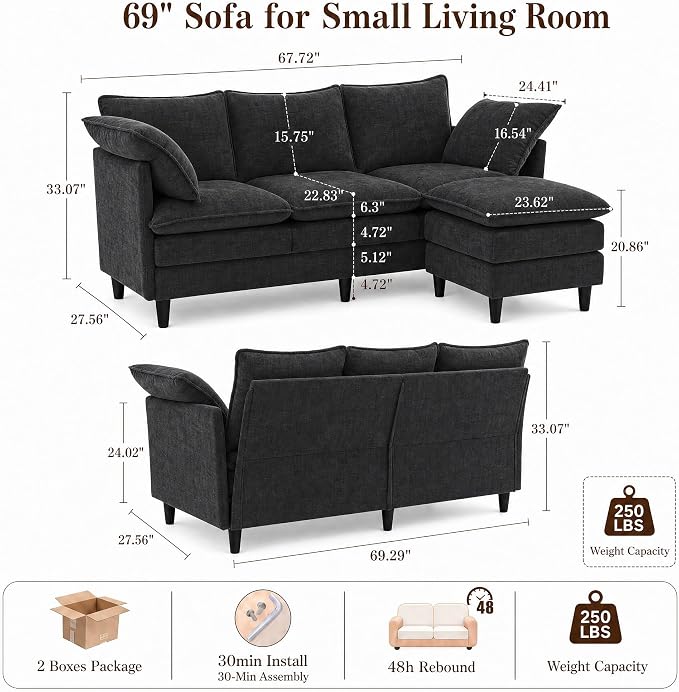Convertible Sectional Sofa, 69" Small Cloud L-Shaped 3-Seat Couch with Movable Ottoman & Curved Armrest, Modern Chenille Fabric for Living Room, Apartment and Small Space, Black