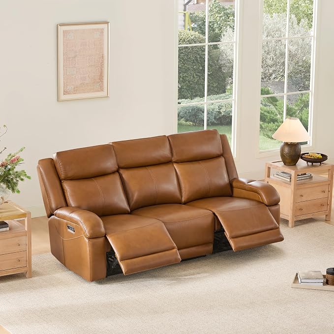 Watson & Whitely Genuine Leather Power Recliner Sofa, 3 Seater Wall Hugger Reclining Sofas with Power Headrest, USB & TypeC Ports, Electric Recliner Couch Set for Living Room, Saddle Brown