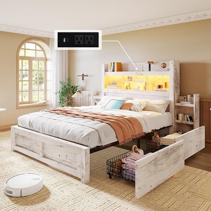 LUXOAK Full Bed Frame with 49.6" Bookcase Headboard & 2 Detachable Bedside Stoage Racks & 4 Drawers, Farmhouse Wood Bed Frame with RGB LED & Charging Station, No Box Spring Needed, Distressed White