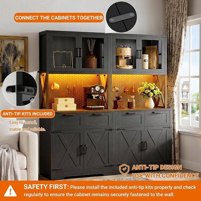 Unikito 71" Tall Kitchen Pantry Storage Cabinet with LED Light & Outlet, 63" Wide Kitchen Hutch Cabinet with Large Countertop, DIY Pegboard and Drawers, Farmhouse Food Pantry for Living Room, Black