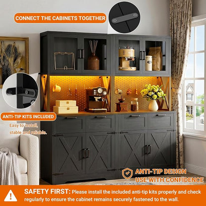 Unikito 71" Tall Kitchen Pantry Storage Cabinet with LED Light & Outlet, 63" Wide Kitchen Hutch Cabinet with Large Countertop, DIY Pegboard and Drawers, Farmhouse Food Pantry for Living Room, Black