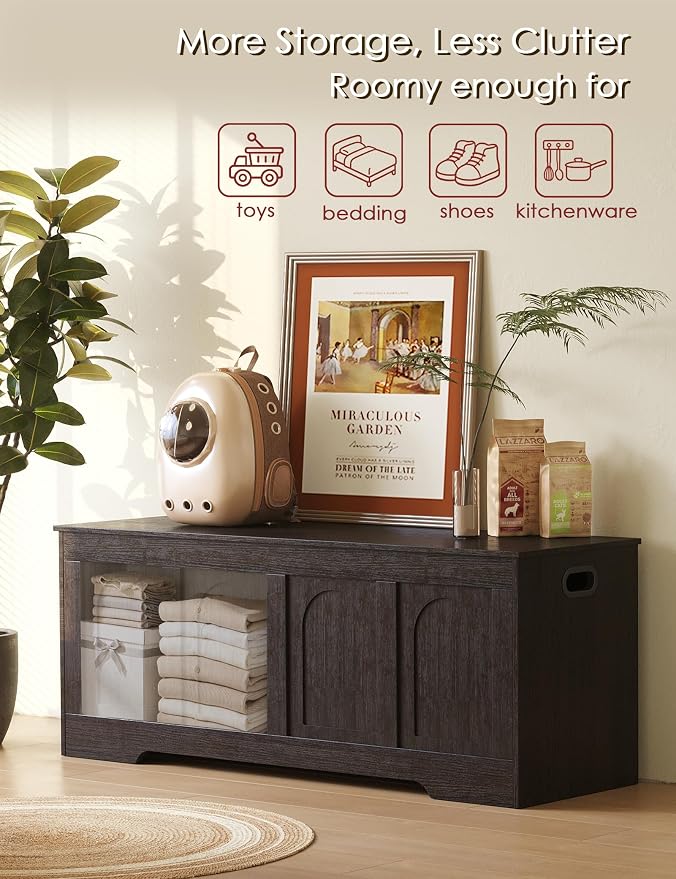 DINZI LVJ Storage Chest, 47.2”Wooden Storage Box with 2 Safety Hinges, Entryway Shoe Bench with Flip-Top, Large Trunk for Living Room, Bedroom, Easy Assembly, Espresso