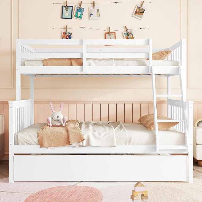 Harper & Bright Designs Convertible Wood Twin-Over-Full Bunk Bed with Trundle and Ladder - Can Be Divided Into Two Platform Beds, White