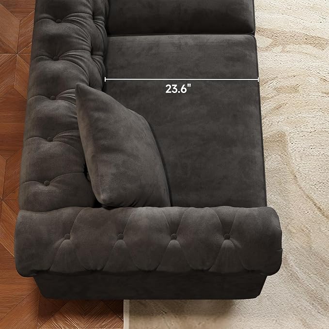 ONBRILL 82 Inch Chesterfield Sofa, 23 Inch Deep Seat Velvet Couch for Living Room, Button Tufted Couch with Rolled Arms, 2 Throw Pillows, Comfy Vintage Loveseat Sofa for Apartment, Black