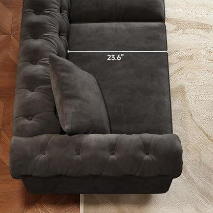 ONBRILL 82 Inch Chesterfield Sofa, 23 Inch Deep Seat Velvet Couch for Living Room, Button Tufted Couch with Rolled Arms, 2 Throw Pillows, Comfy Vintage Loveseat Sofa for Apartment, Black