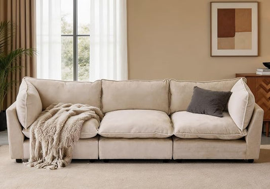 Iroomy Modular Sectional Sofa, Oversized Chenille Cloud Couch, Deep Comfy Seat, 3-Seater Sofas Couches for Living Room, Beige
