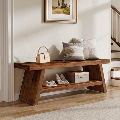 Solid Wood Entryway Bench, 2-Tier Wooden Storage Bench, Farmhouse Indoor Shoe Bench Seat for Entry, Living Room, Dining Room, Bedroom (Brown)