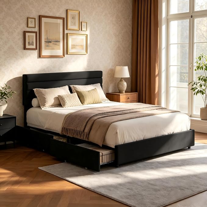 Garvee Full Size Bed Frame, Velvet Upholstered Platform Storage Bed with 4 Drawers, Wooden Slats Support, No Box Spring Needed, Easy Assembly, Black